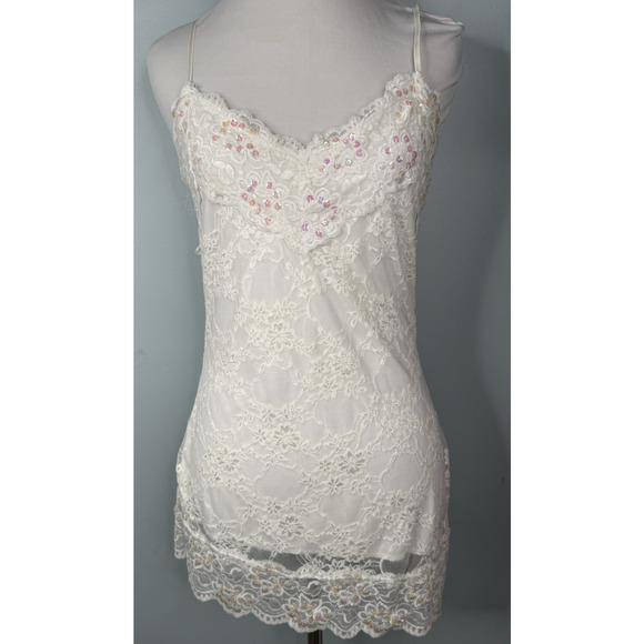 Vtg Y2K Lace Sequins Cami Tank Top Jrs L Fairycore Angel Delicate Soft Girl - Picture 1 of 9